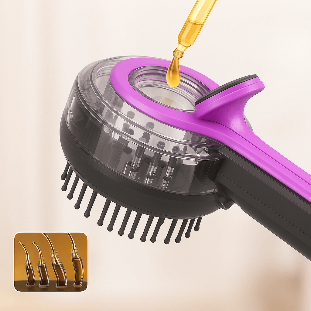Brosse Zouna avec réservoir intégré de 3 ml et 8 micro-tubes pour appliquer les soins pendant le massage